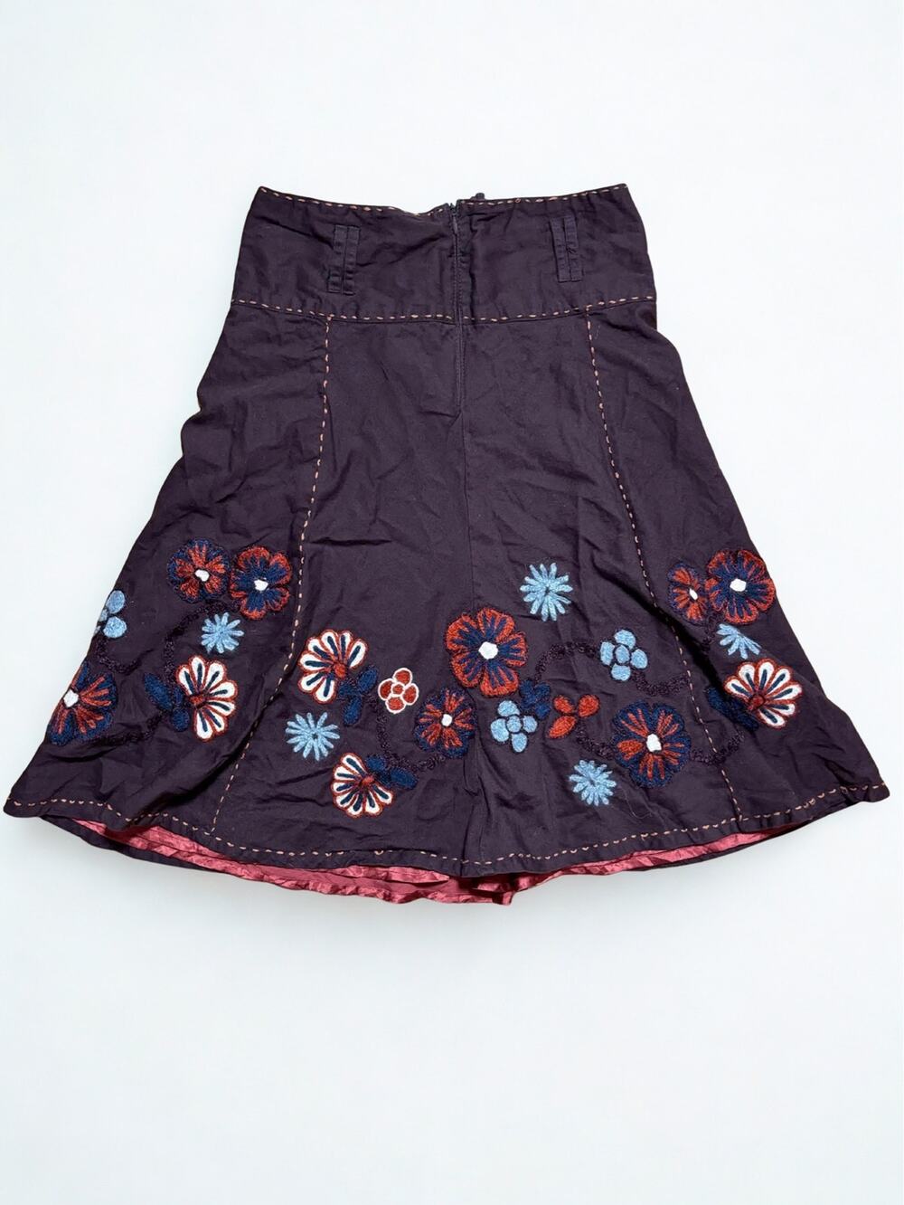 Vtg Y2K Bandolera Brown Midi Skirt Dimensional Floral Embroidery Fairy Sz M